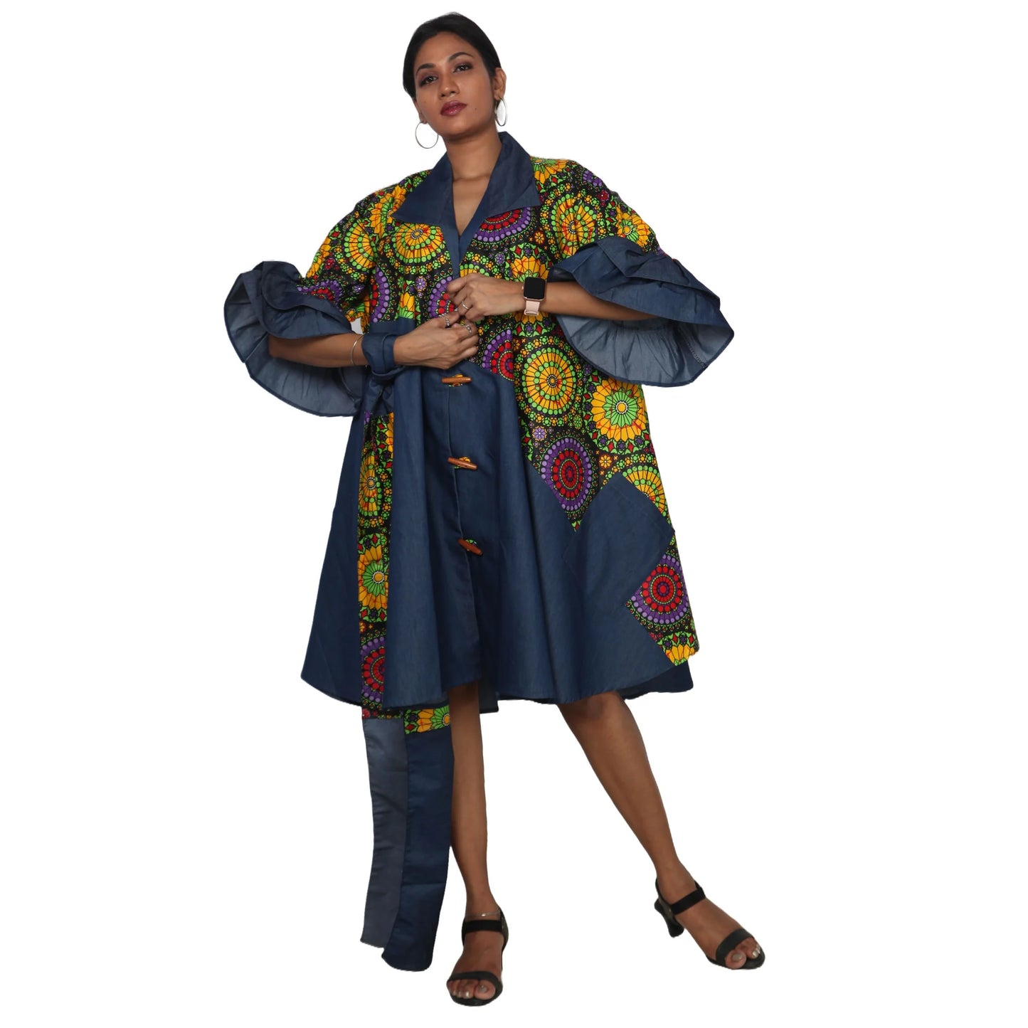 11.2.25 Coat dress ruffled tier sleeve wooden button up to 2x