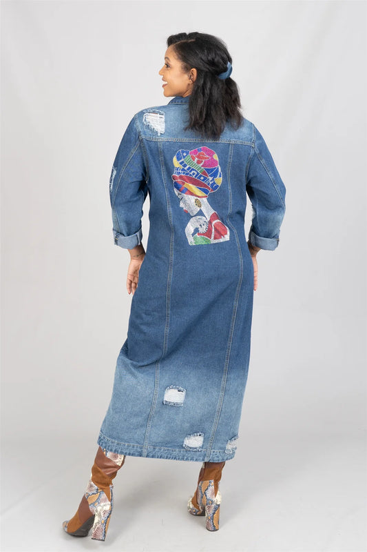 8.30.25 Jacket Rhinestone patch distressed denim long jacket sz