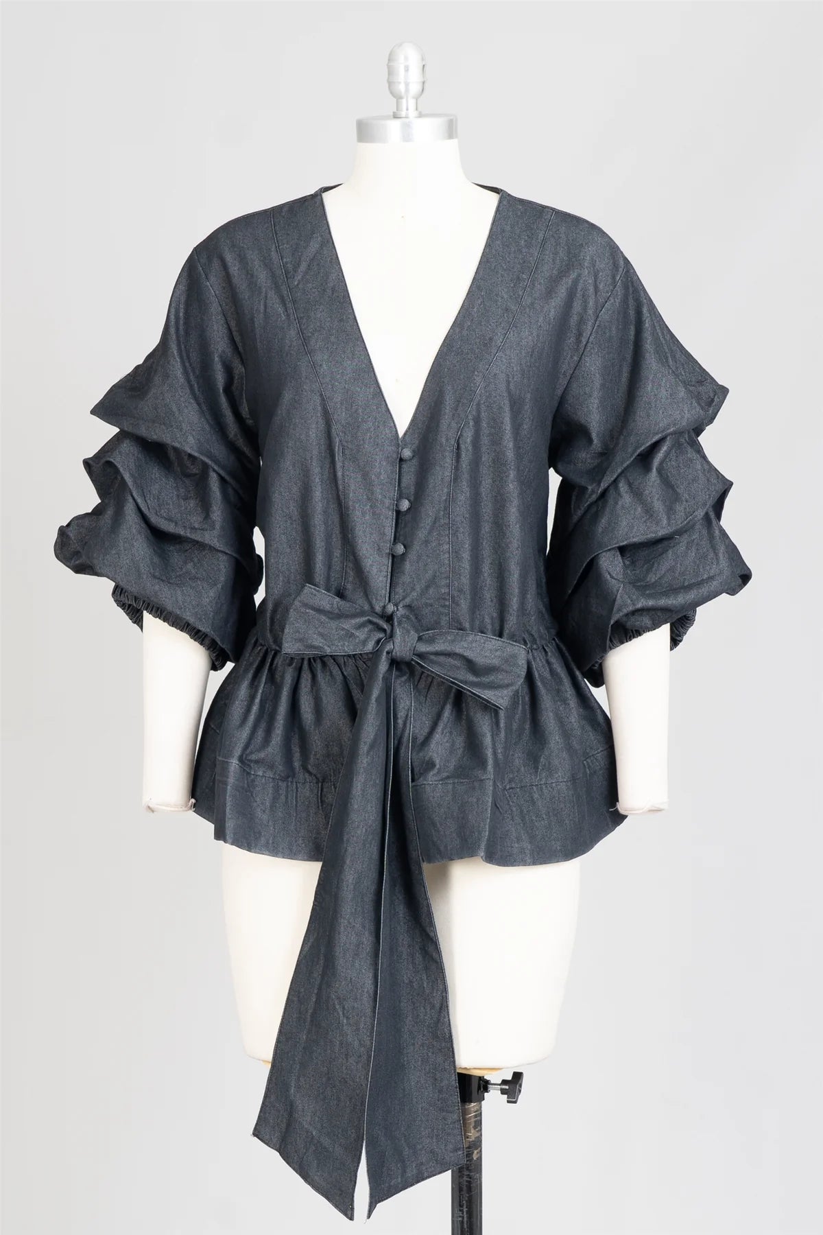 8.30.25 Blouse Denim pleated ballow wrap fits up to 1x