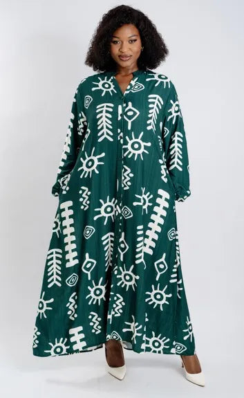 8.30.26 Dress SA Cotton long sleeve african print green/black