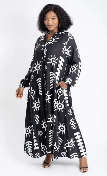 8.30.26 Dress SA Cotton long sleeve african print green/black