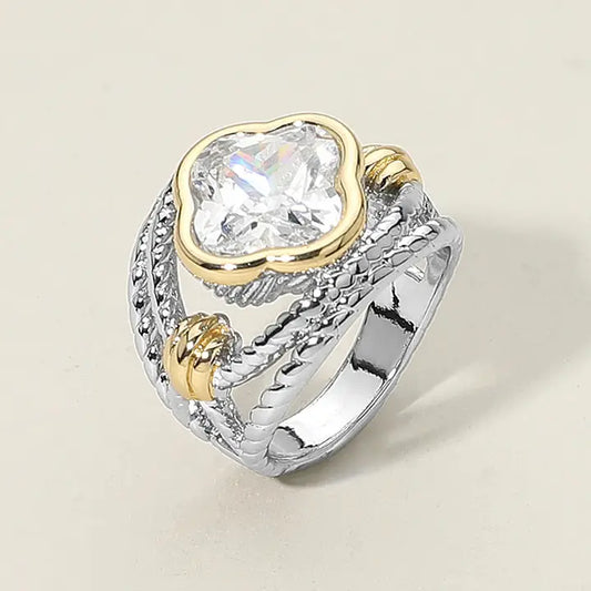 12.7.25 Ring two tone cz quatrefoil stone