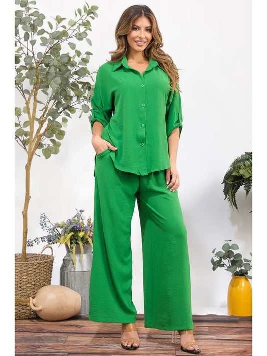 9.6.25 Pants set 2pc green button up set