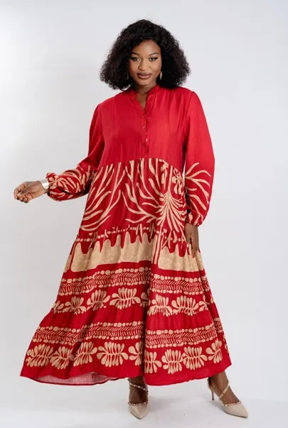 8.30.26 Dress SA long sleeve cotton red/black gold mix