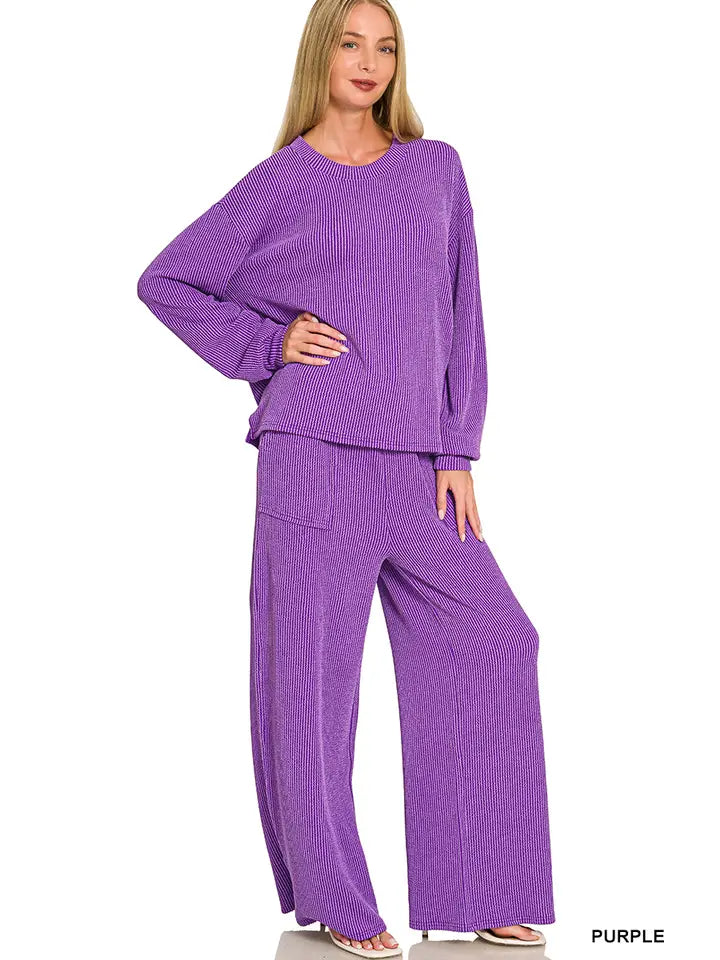 10.7.26 Pants set Zenana purple rib texture
