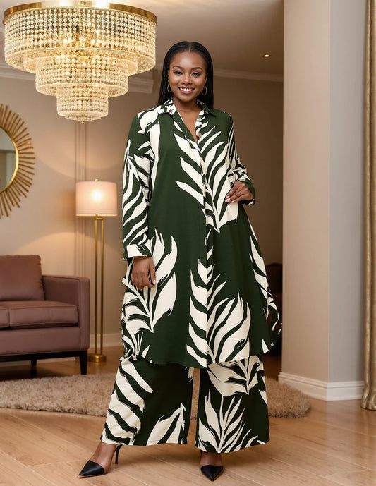 3.29.26 Pants set deep green w palm leave linen set 2pc
