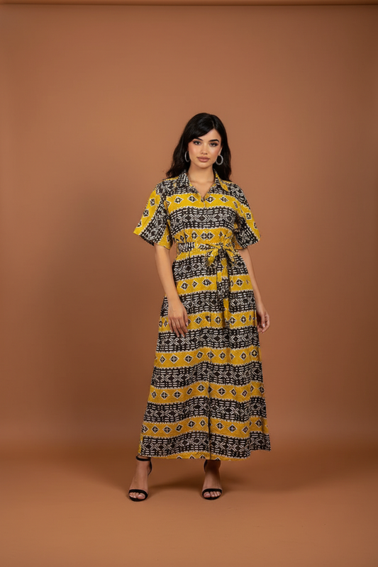 2.7.26. Dress mustard/black african pattern zip up up to XL