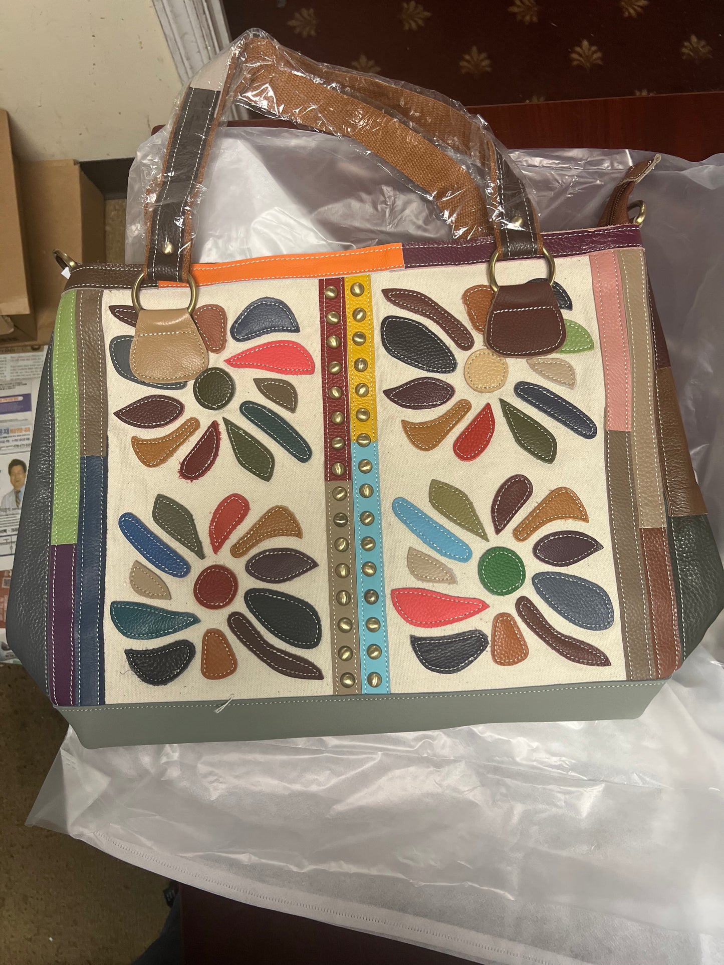 8.13.26 Purse leather w gold beaded multi color pattern flowers