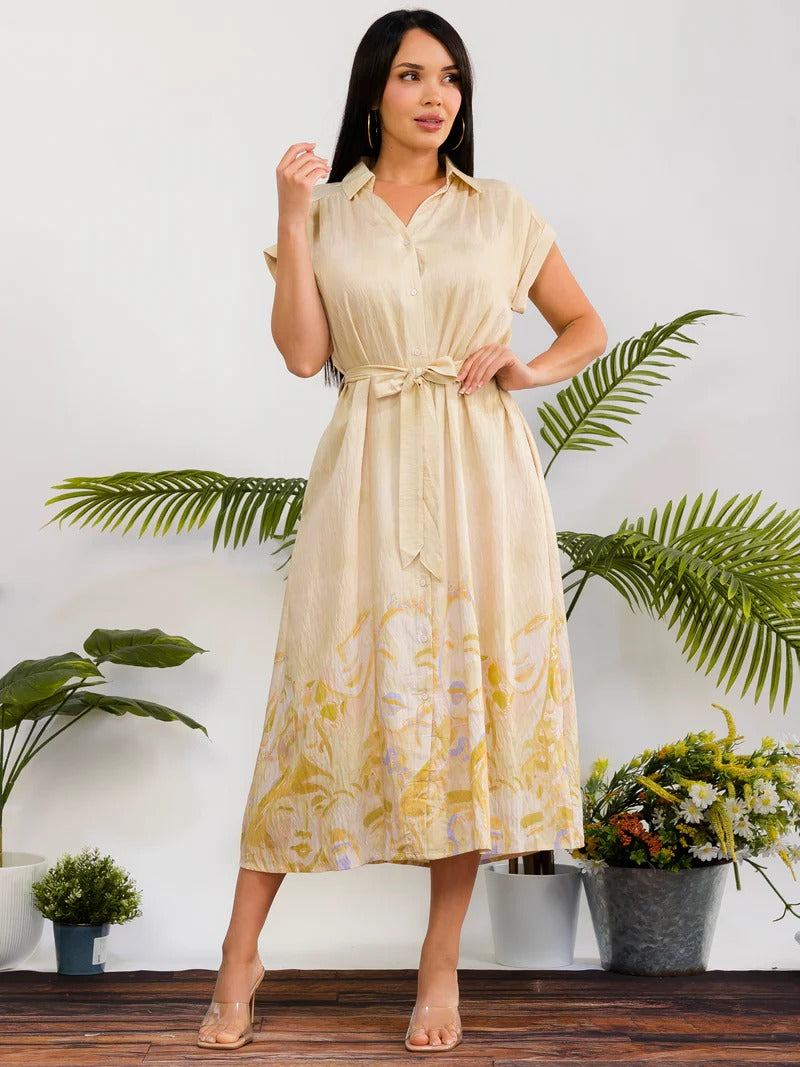 7.1.26 Dress Button up w belt floral design Yellow