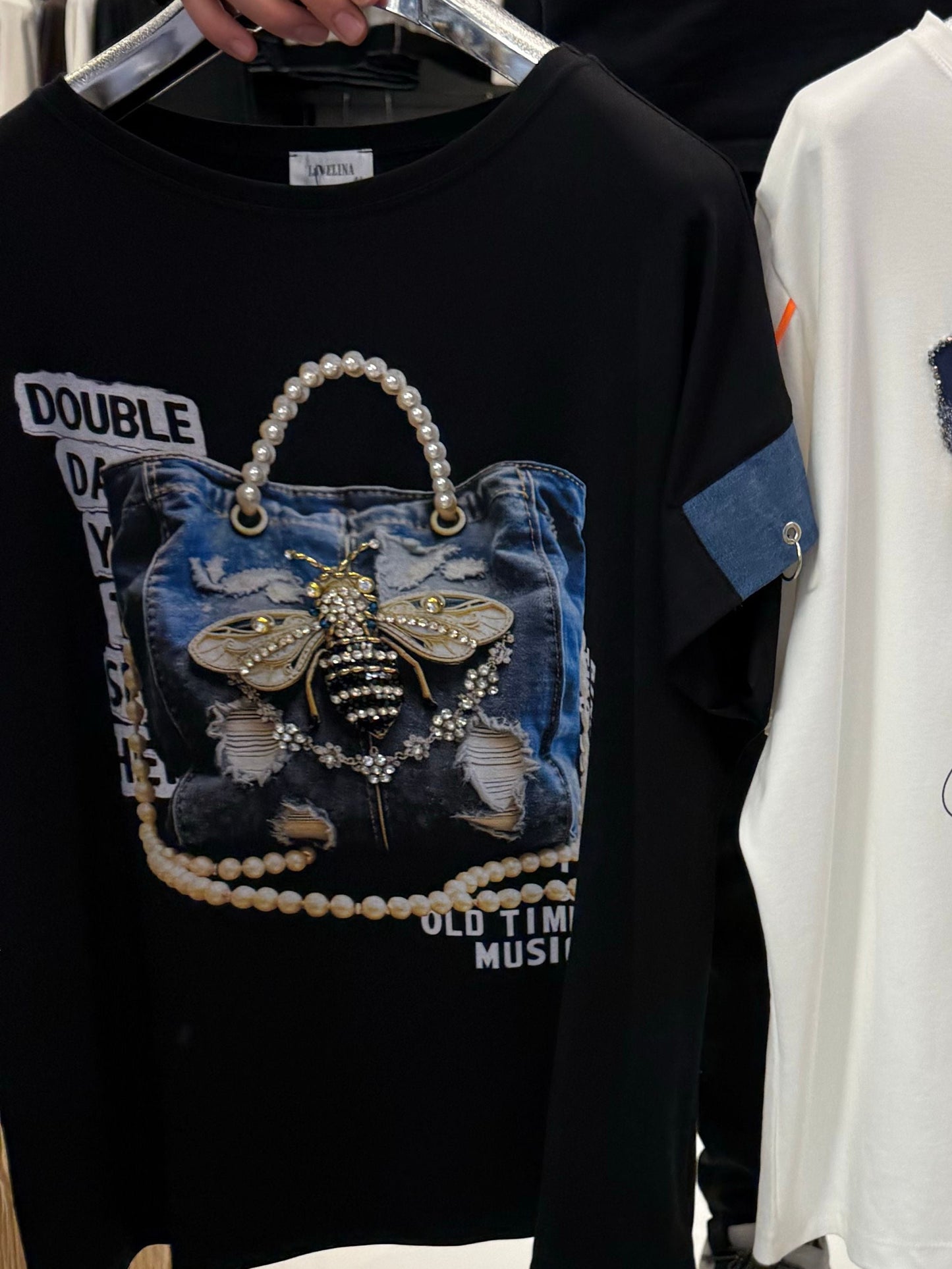 9.8.26 Blouse YK black w bee purse denim