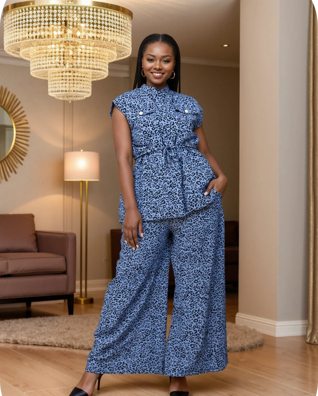 9.27.26 pants set blue cheetah print sleeveless