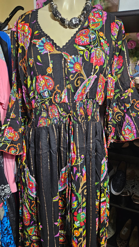 6.27.25 Dress NYS black bohemian colorful paisley w gold streaks