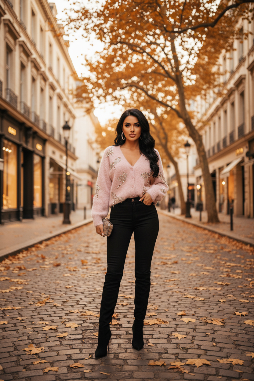 12.5.25 Sweater pink button up w sequin dragonfly