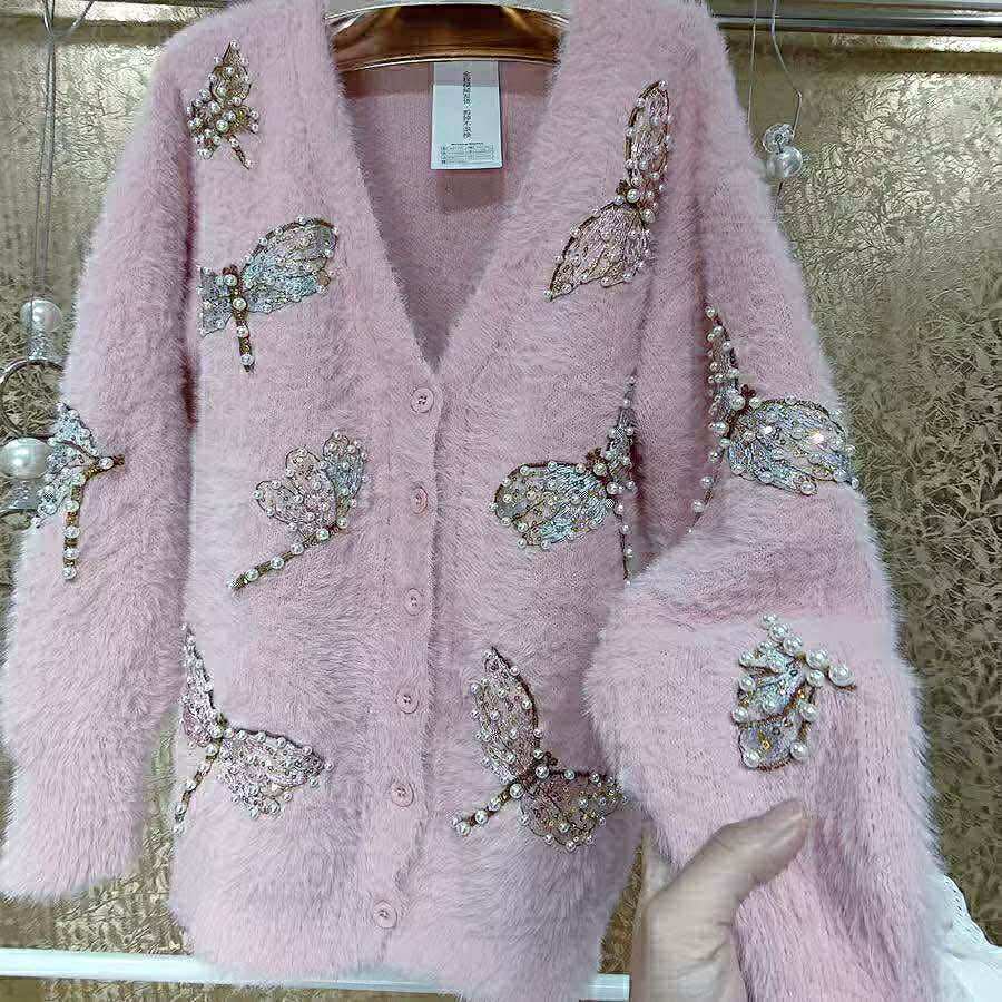 12.5.25 Sweater pink button up w sequin dragonfly