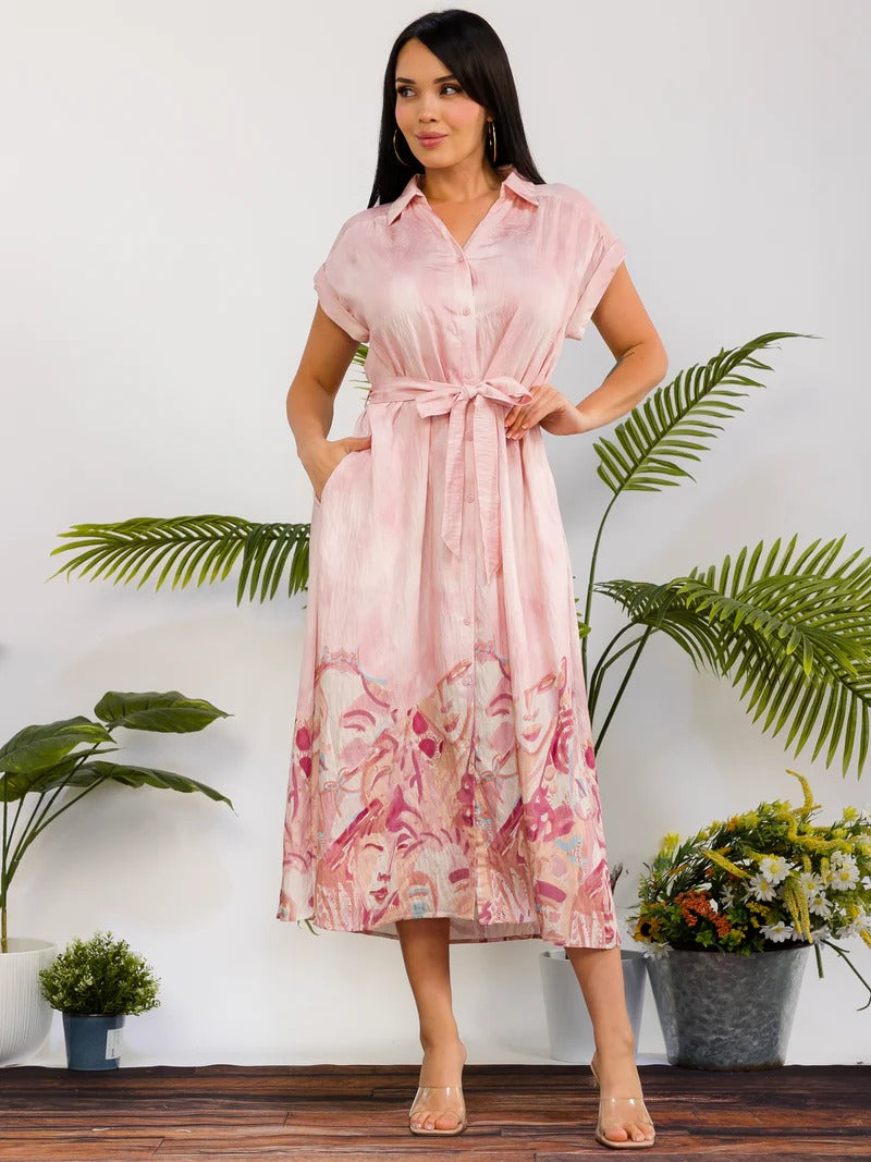 7.1.26 Dress button up w floral design w belt PINK