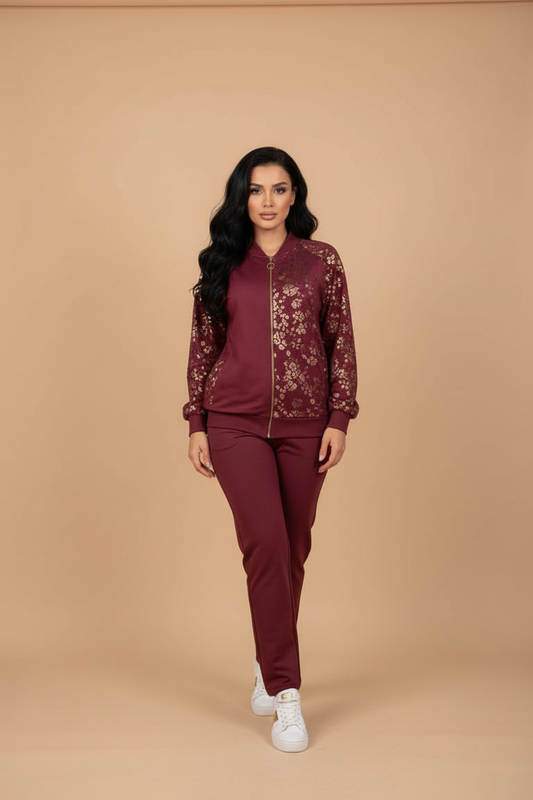 11.26.25 Jogger set wine color w gold cheetah print